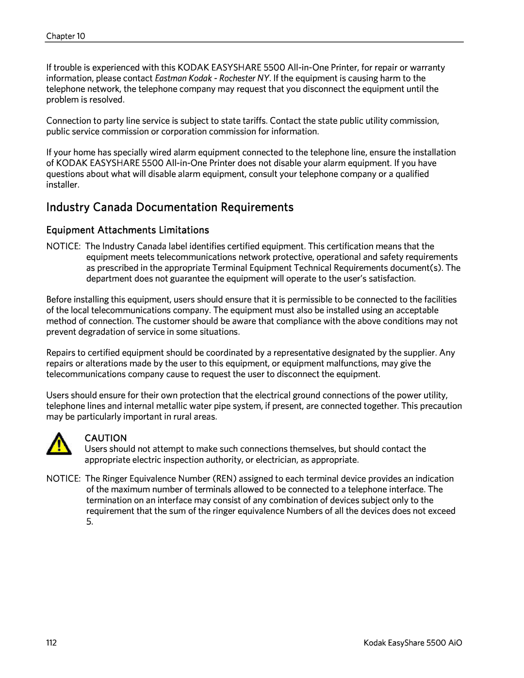 Kodak 5500 manual Industry Canada Documentation Requirements, Equipment Attachments Limitations 
