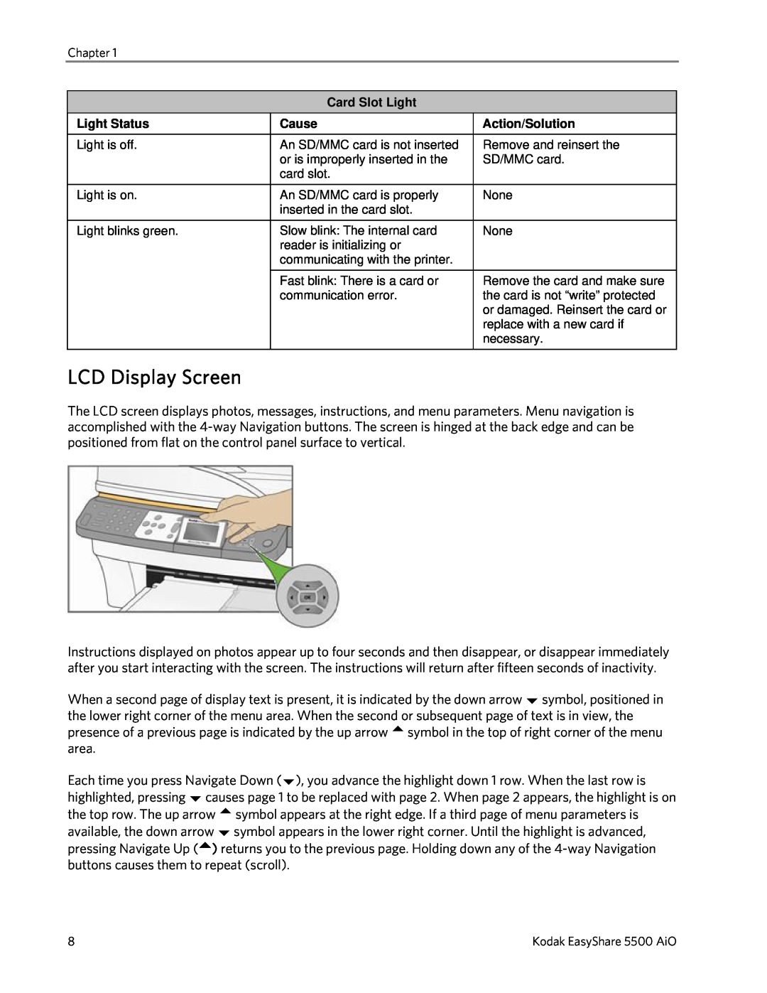 Kodak 5500 manual LCD Display Screen, Card Slot Light, Light Status, Cause, Action/Solution 