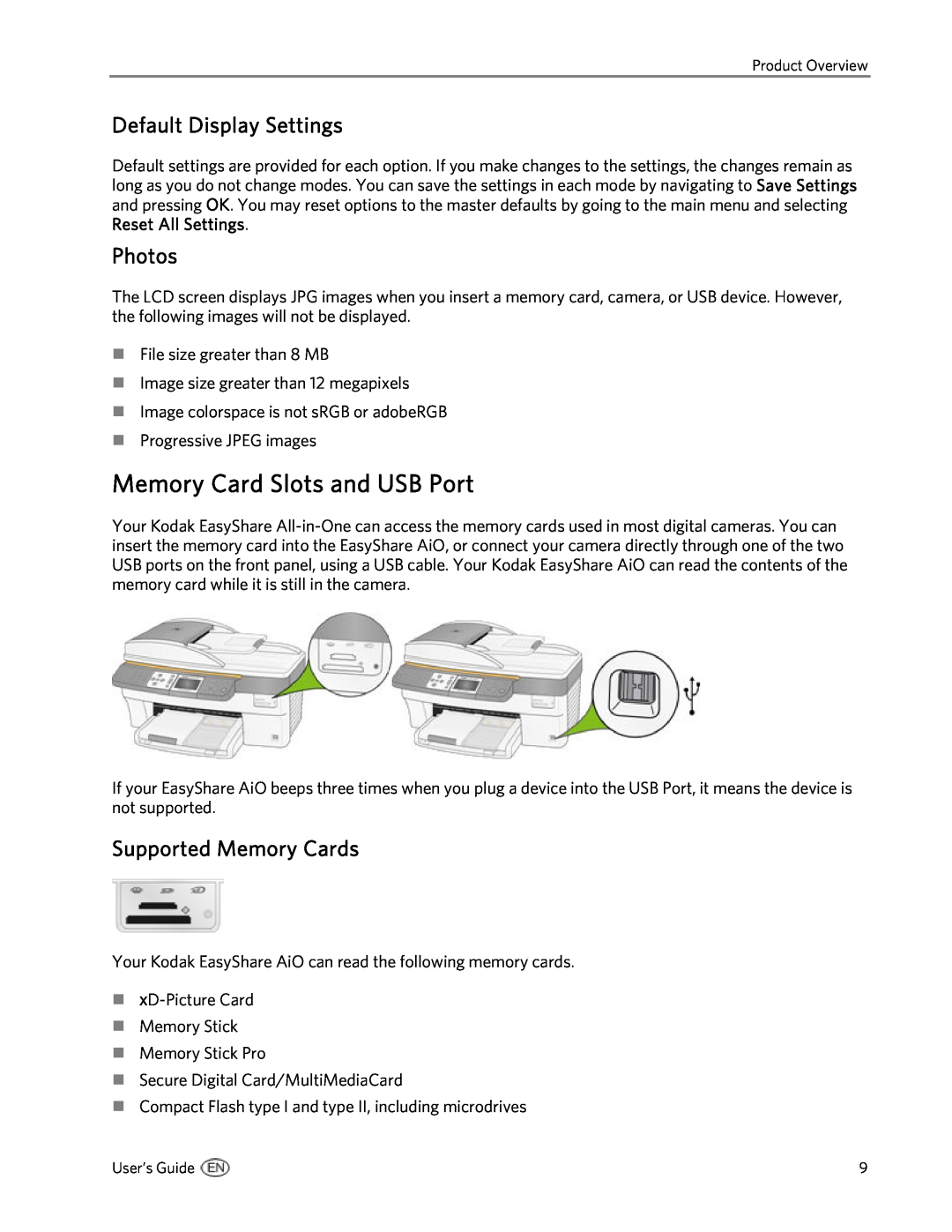 Kodak 5500 manual Memory Card Slots and USB Port, Default Display Settings, Photos, Supported Memory Cards 