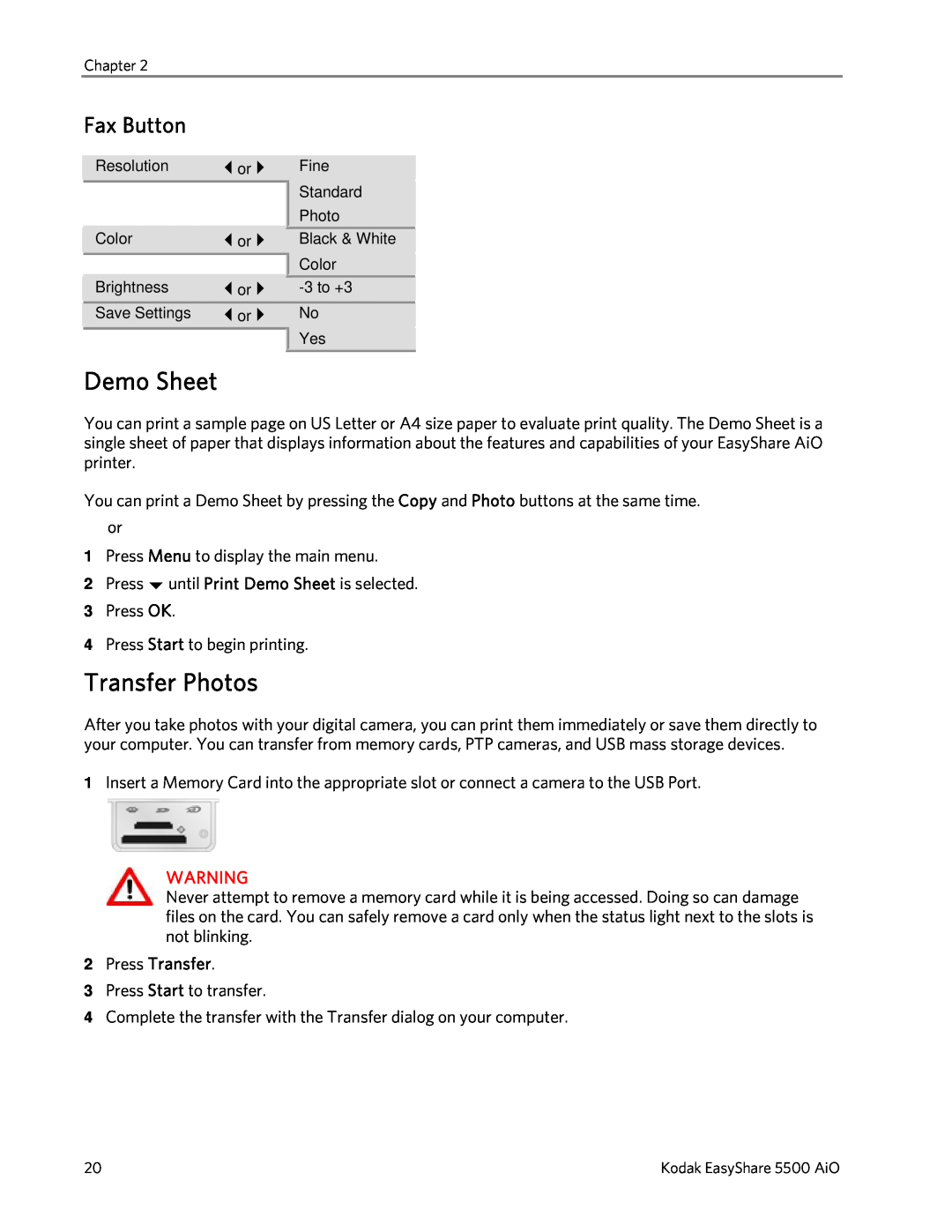 Kodak 5500 manual Demo Sheet, Transfer Photos, Fax Button 