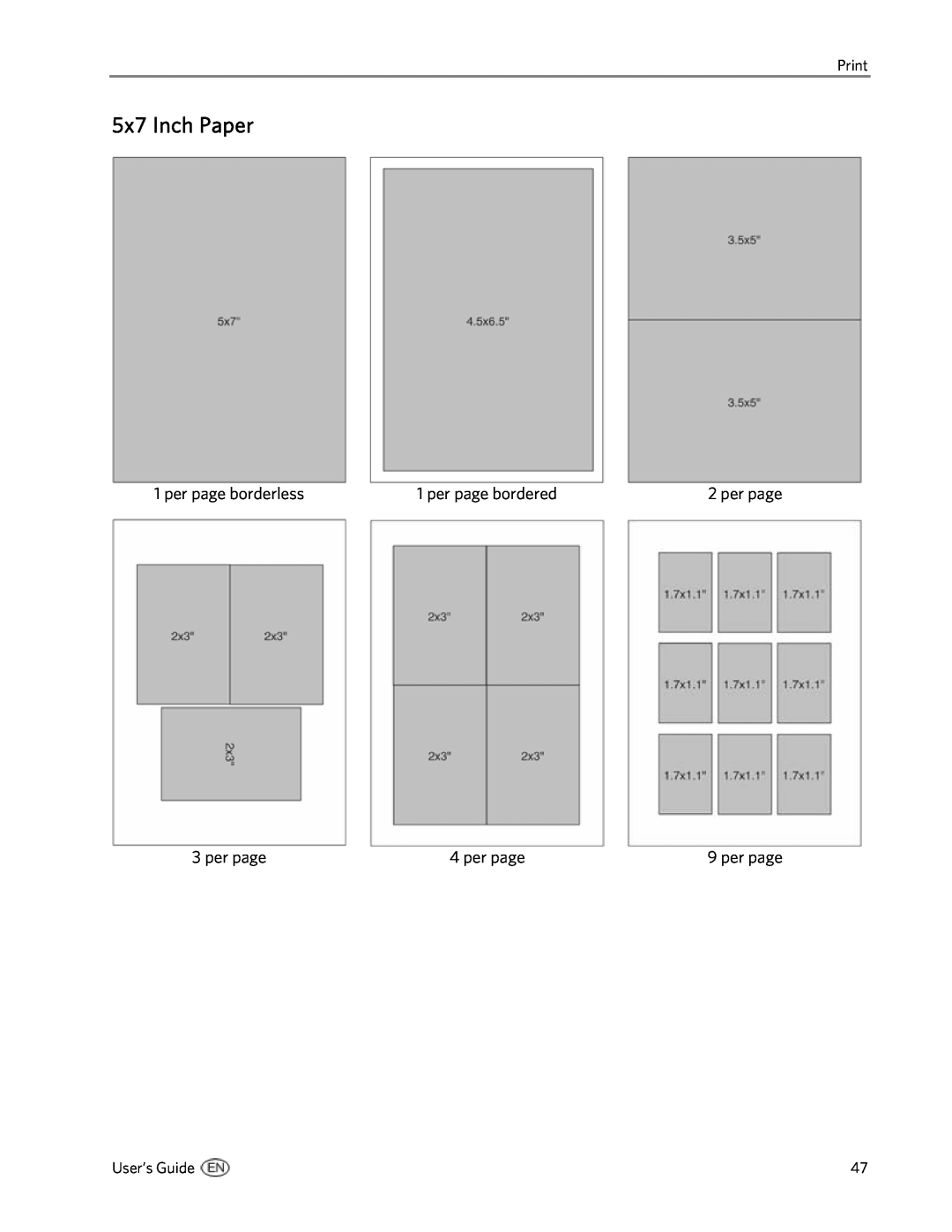 Kodak 5500 manual 5x7 Inch Paper, Print, per page, User’s Guide 