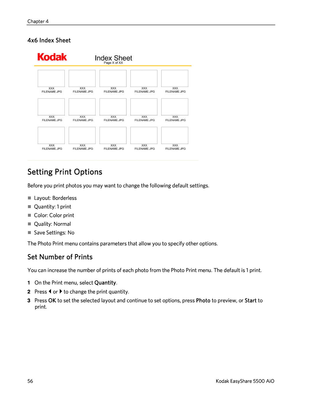 Kodak 5500 manual Setting Print Options, Set Number of Prints, 4x6 Index Sheet 
