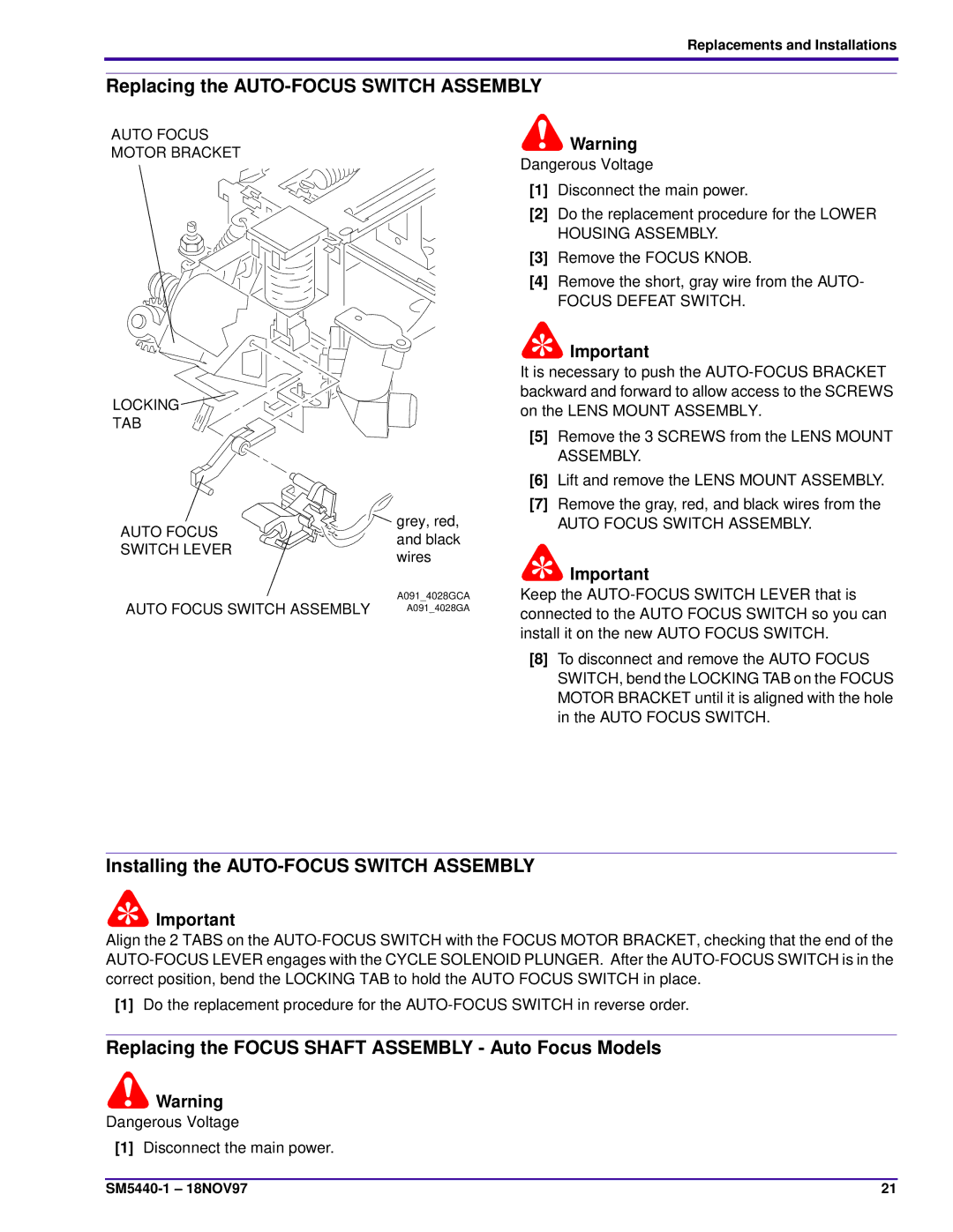 Kodak 4600, 4400, 4200-KK, 5600-KK Replacing the AUTO-FOCUS Switch Assembly, Installing the AUTO-FOCUS Switch Assembly 