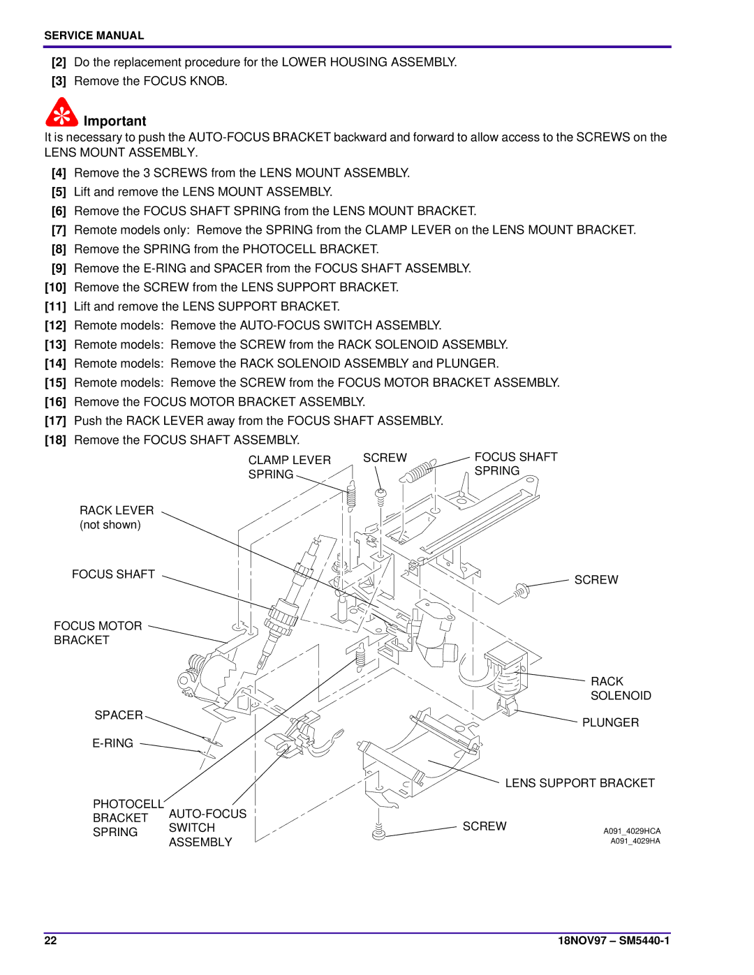 Kodak 5600-KK, 4400, 4200-KK, 4600-KK, 5600-J, 4200-J Lens Mount Assembly, Clamp Lever Screw, Spring, Focus Shaft, Switch 