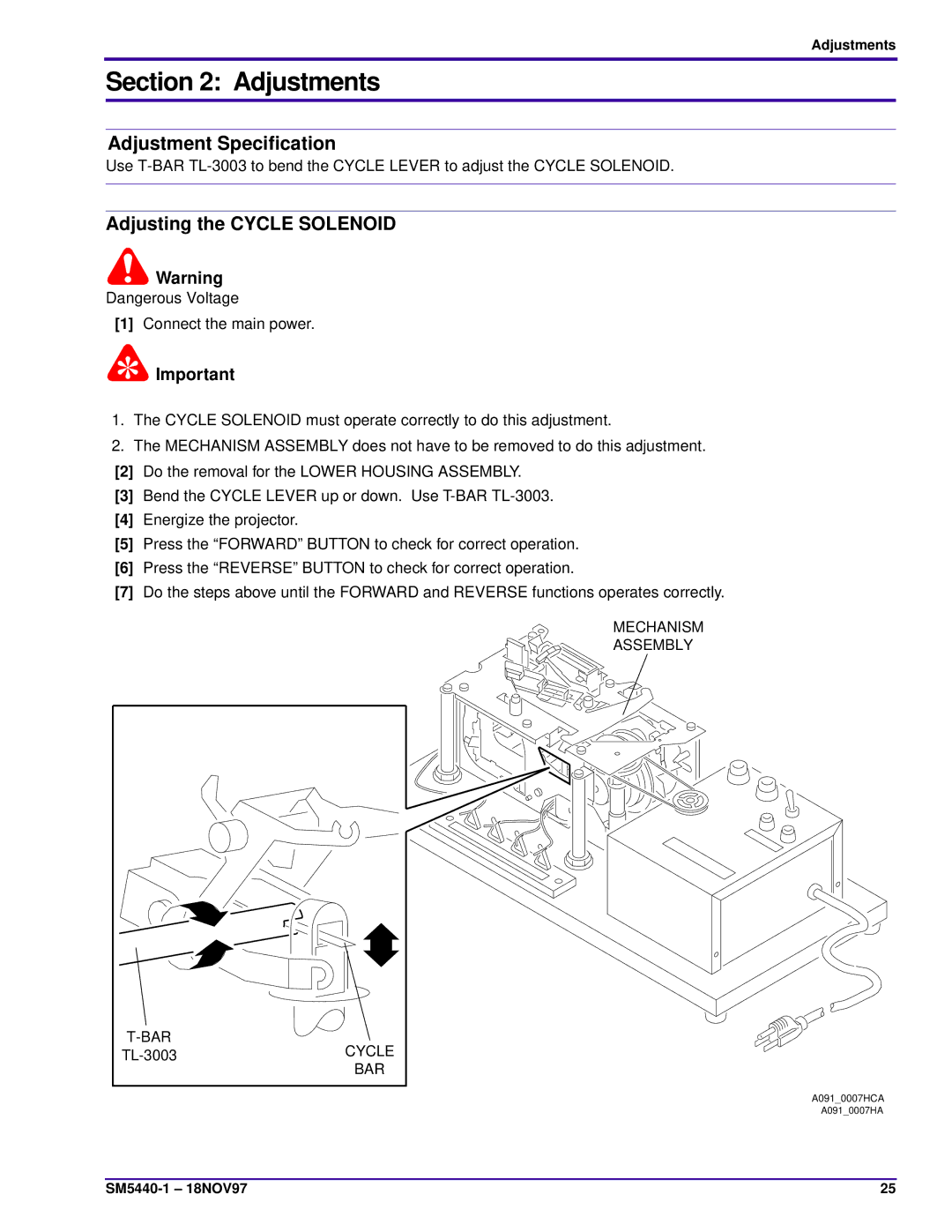 Kodak 5600-J, 4400, 4200-KK, 4600, 5600-KK Adjustment Speciﬁcation, Adjusting the Cycle Solenoid, Mechanism Assembly BAR 