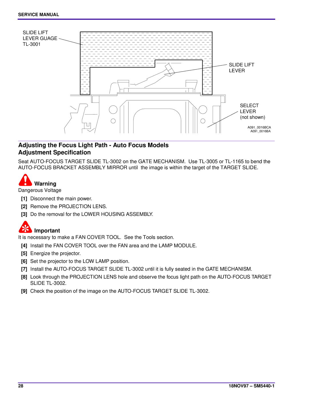 Kodak 4400, 4200-KK, 5600-KK, 4600-KK, 5600-J, 4200-J service manual Slide Lift Lever Guage TL-3001 Select 