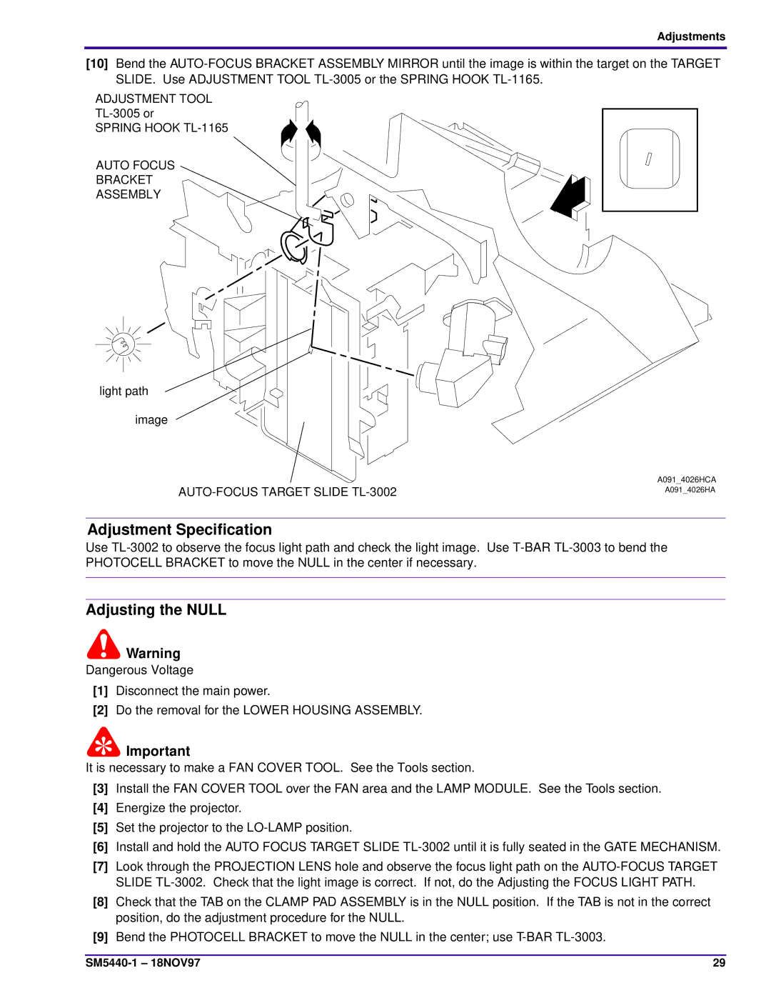 Kodak 4200-KK, 4400, 4600, 5600-KK Adjusting the Null, Adjustment Tool, Spring Hook TL-1165 Auto Focus Bracket Assembly 