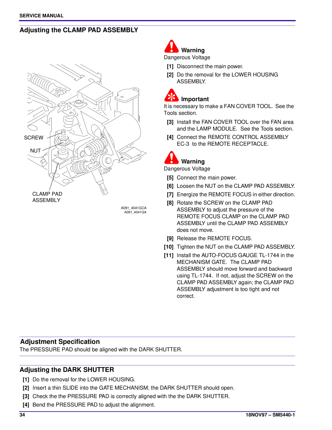 Kodak 5600-J, 4400, 4200-KK, 4600 Adjusting the Clamp PAD Assembly, Adjusting the Dark Shutter, Screw NUT Clamp PAD Assembly 