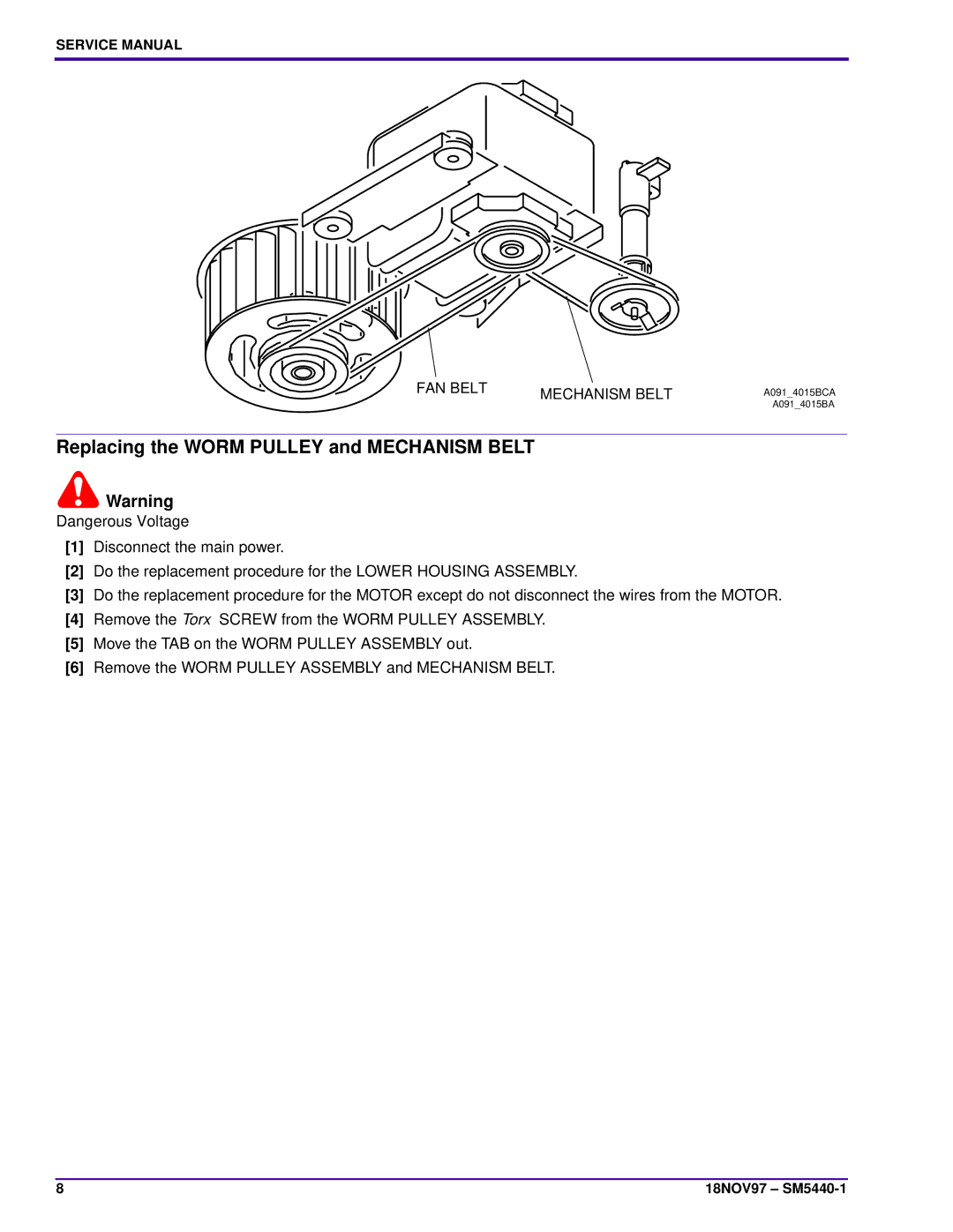 Kodak 4200-J, 4400, 4200-KK, 5600-KK, 4600-KK, 5600-J service manual Replacing the Worm Pulley and Mechanism Belt 