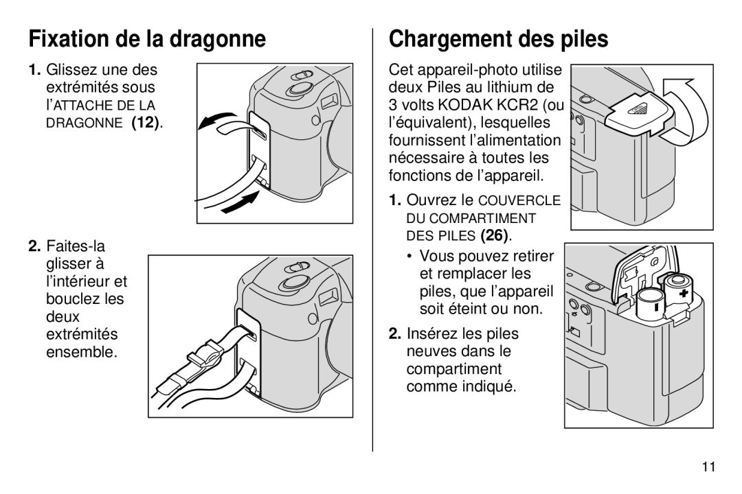 Kodak 5800 MRX manual Fixation de la dragonne, Chargement des piles 