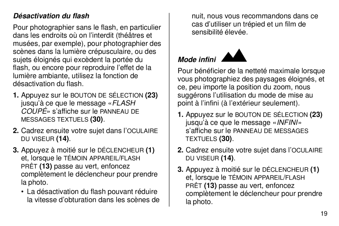 Kodak 5800 MRX manual Désactivation du flash, Mode infini 