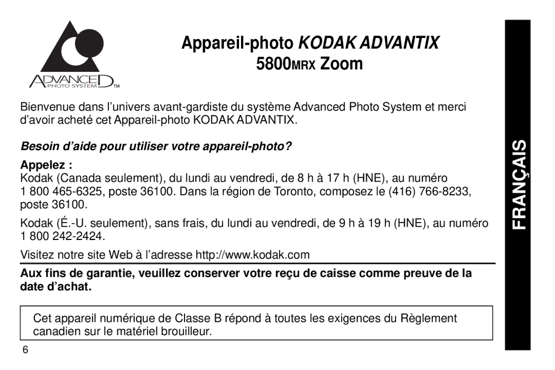 Kodak 5800 MRX manual Appareil-photo Kodak Advantix 5800MRX Zoom, Besoin d’aide pour utiliser votre appareil-photo? 