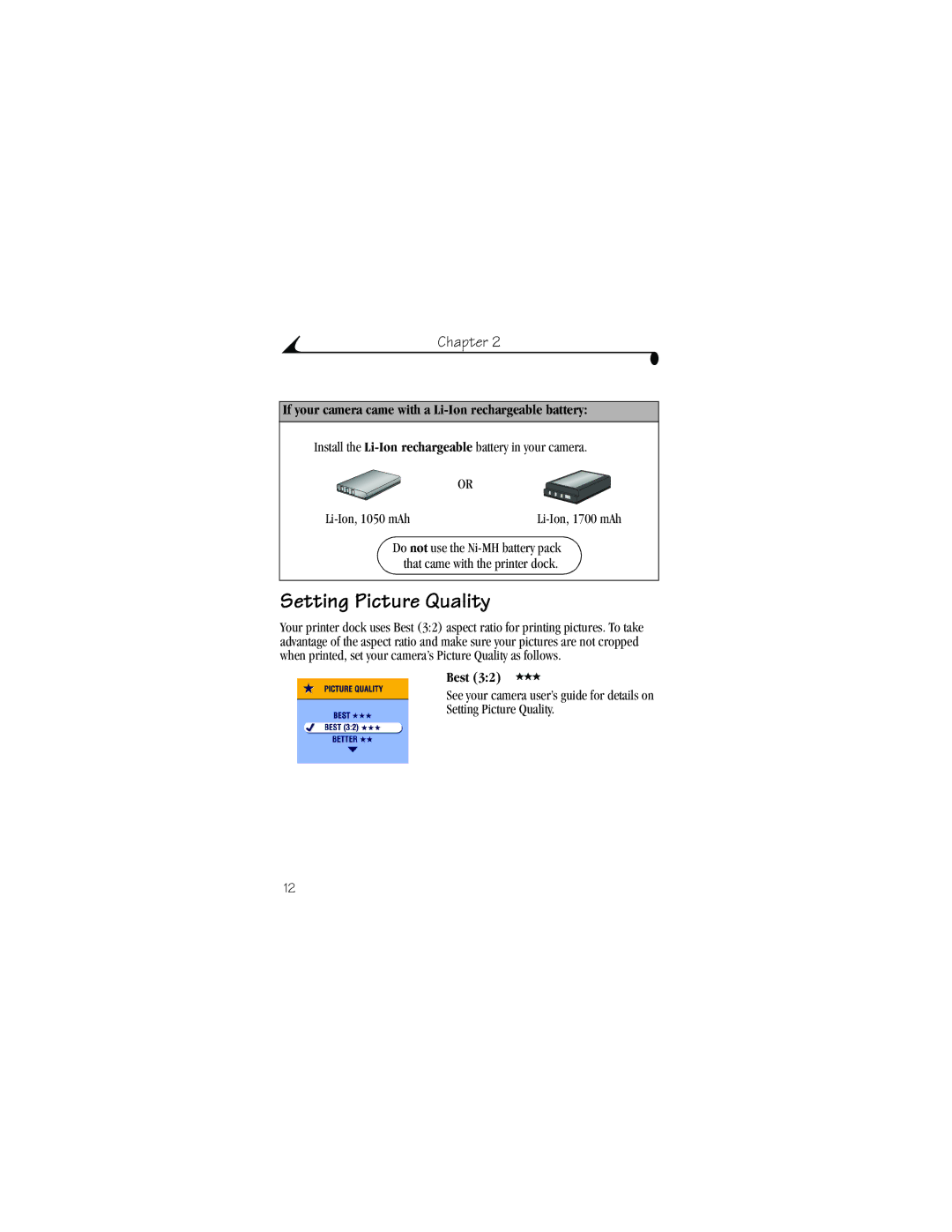 Kodak 6000 manual Setting Picture Quality, If your camera came with a Li-Ion rechargeable battery, Best 