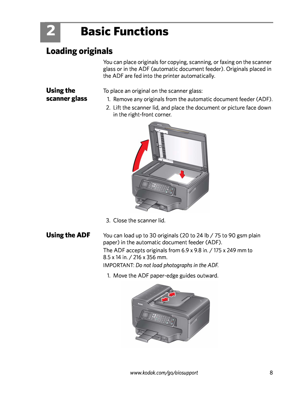 Kodak 6100 Series manual Basic Functions, Loading originals, Using the ADF, Using the scanner glass 