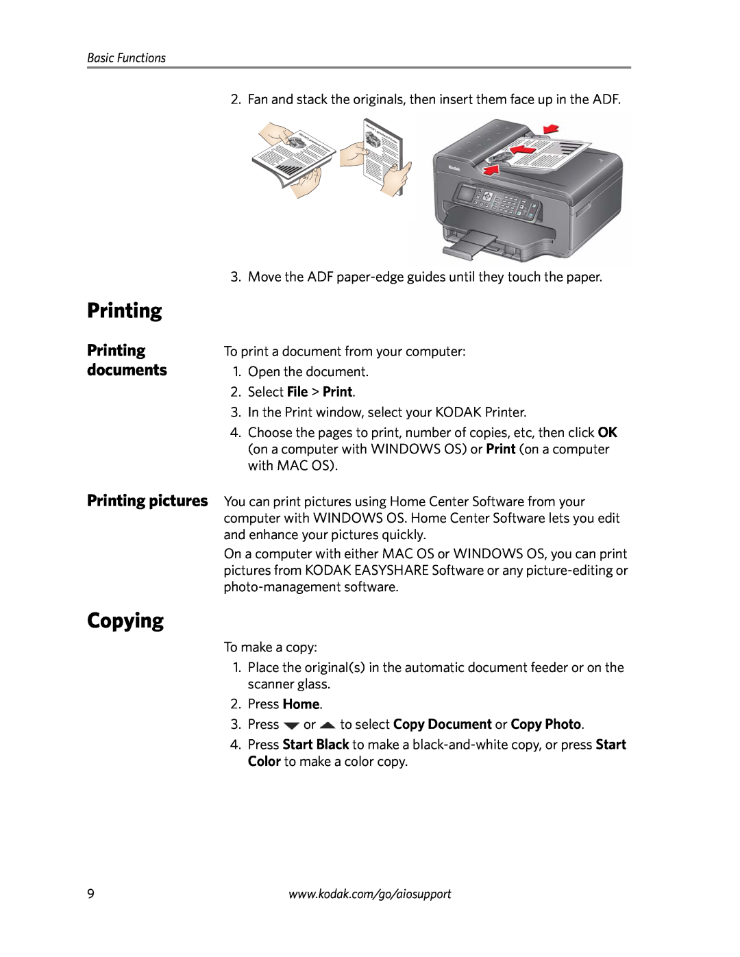 Kodak 6100 Series manual Printing, Copying, documents, Press or to select Copy Document or Copy Photo 