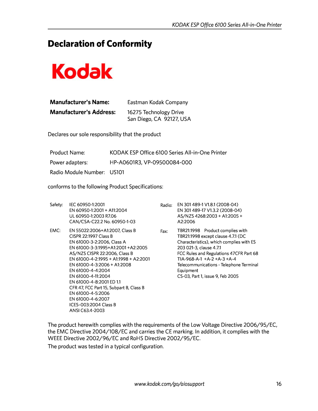 Kodak manual Declaration of Conformity, Manufacturers Address, KODAK ESP Office 6100 Series All-in-OnePrinter 