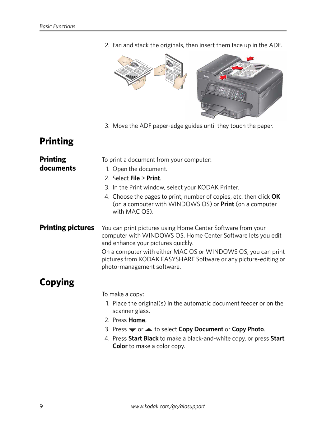 Kodak 6100 Series manual Printing, Copying, Documents, Press or to select Copy Document or Copy Photo 