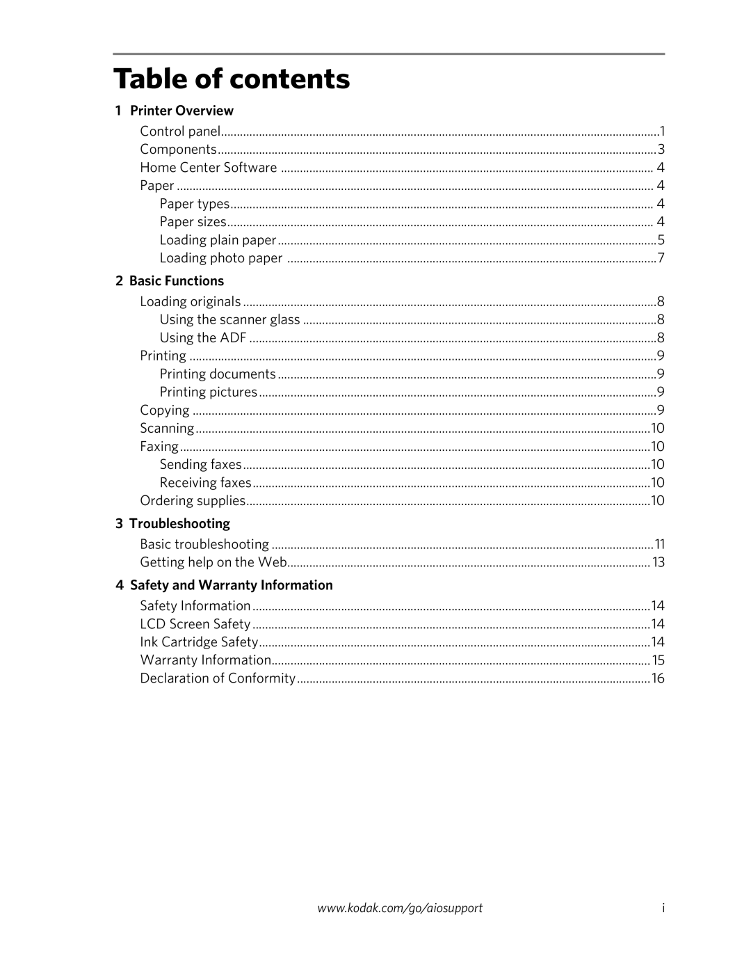 Kodak 6100 Series manual Table of contents 