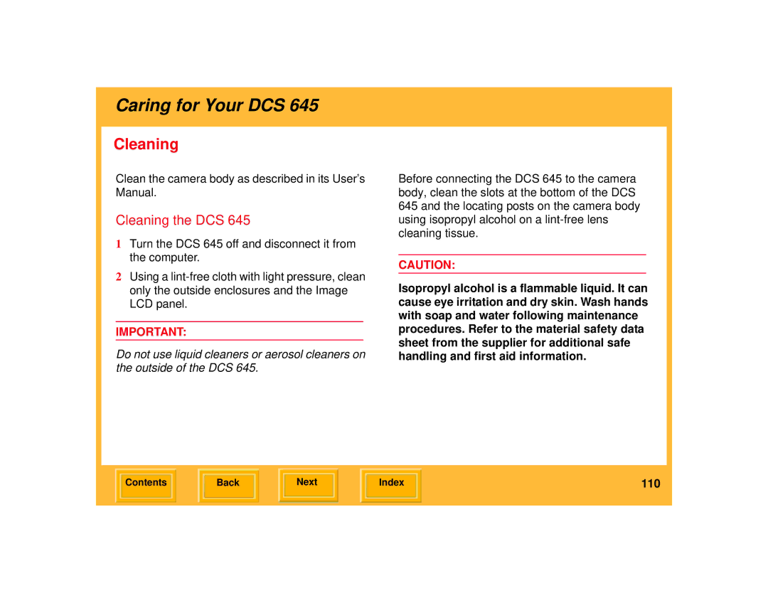 Kodak 645 manual Caring for Your DCS, Cleaning the DCS 