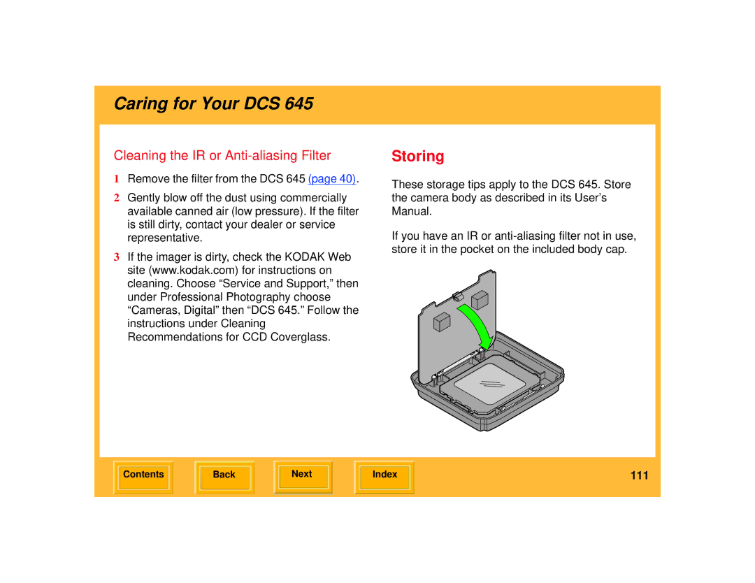 Kodak 645 manual Storing, Cleaning the IR or Anti-aliasing Filter 