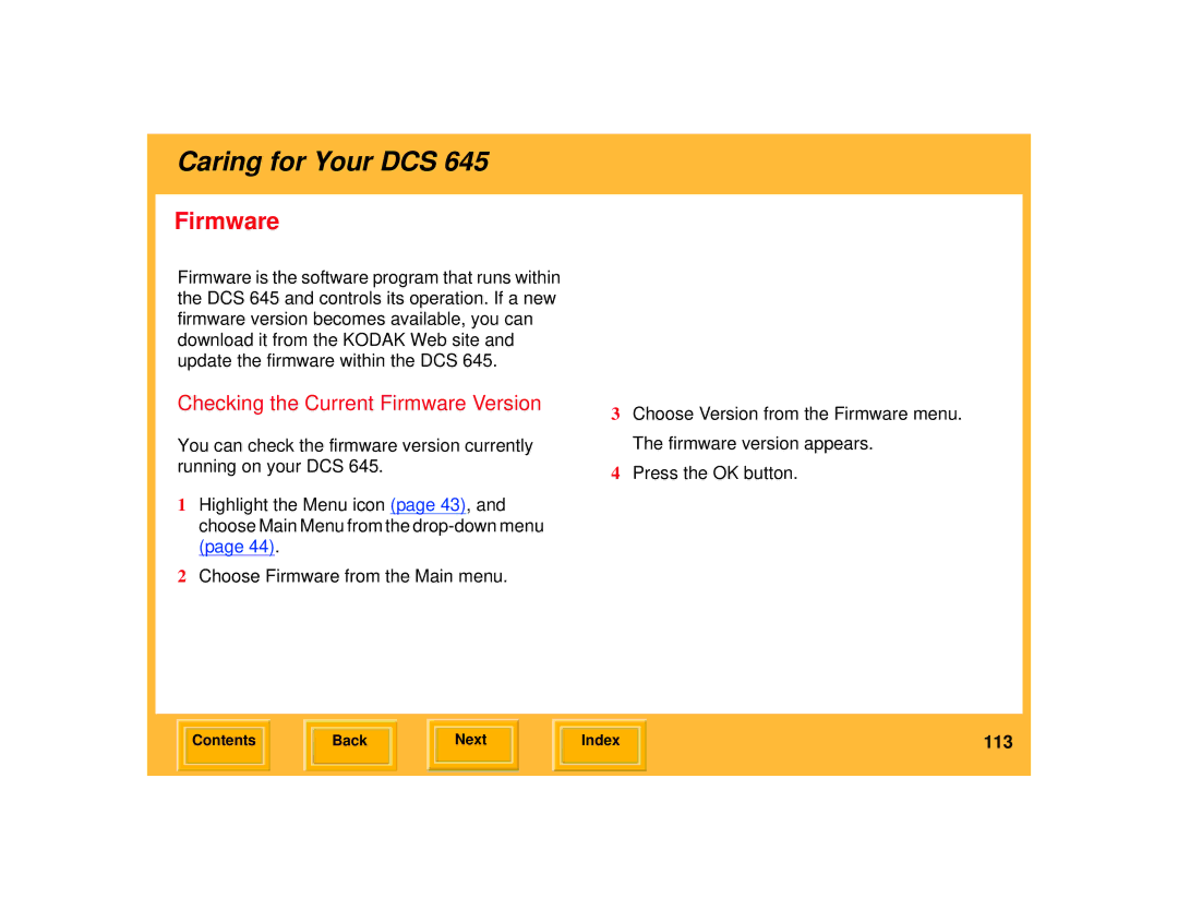 Kodak 645 manual Checking the Current Firmware Version 