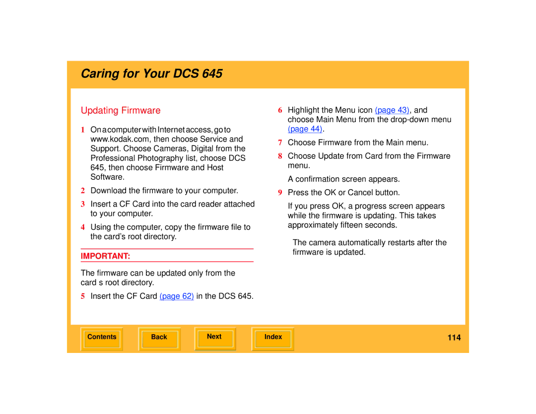 Kodak 645 manual Updating Firmware, Firmware can be updated only from the card’s root directory 