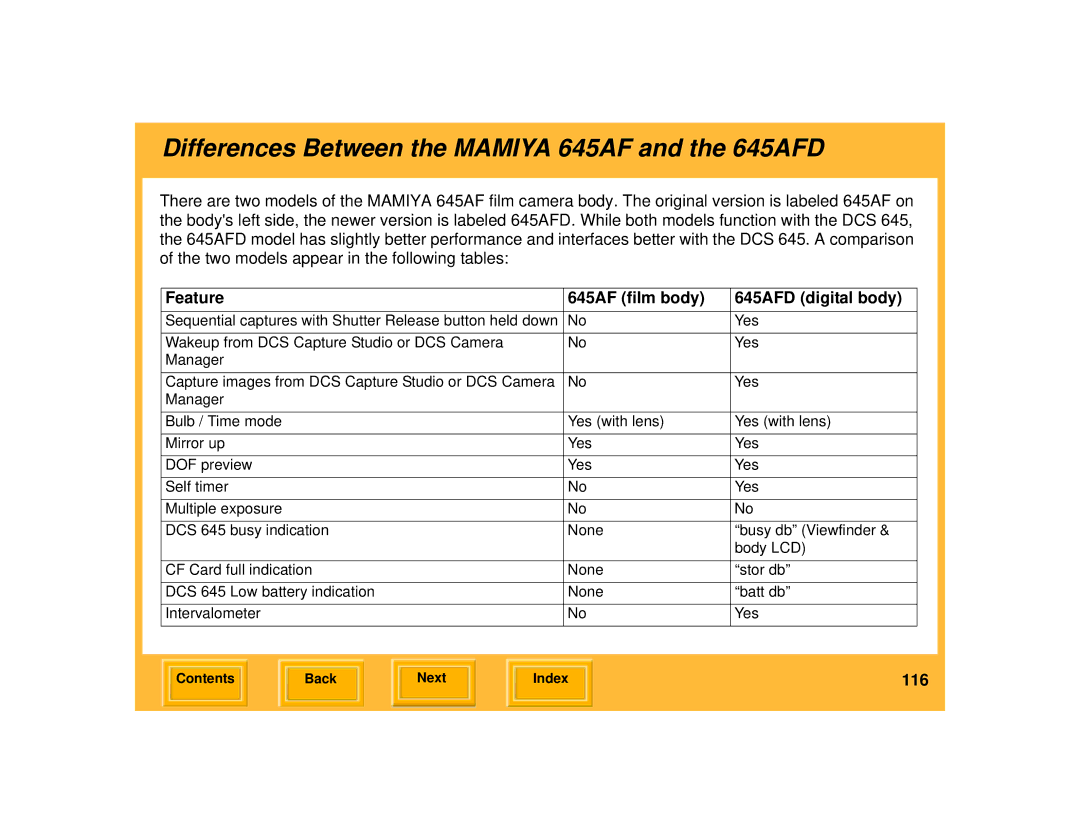 Kodak manual Differences Between the Mamiya 645AF and the 645AFD, Feature 645AF film body 645AFD digital body 