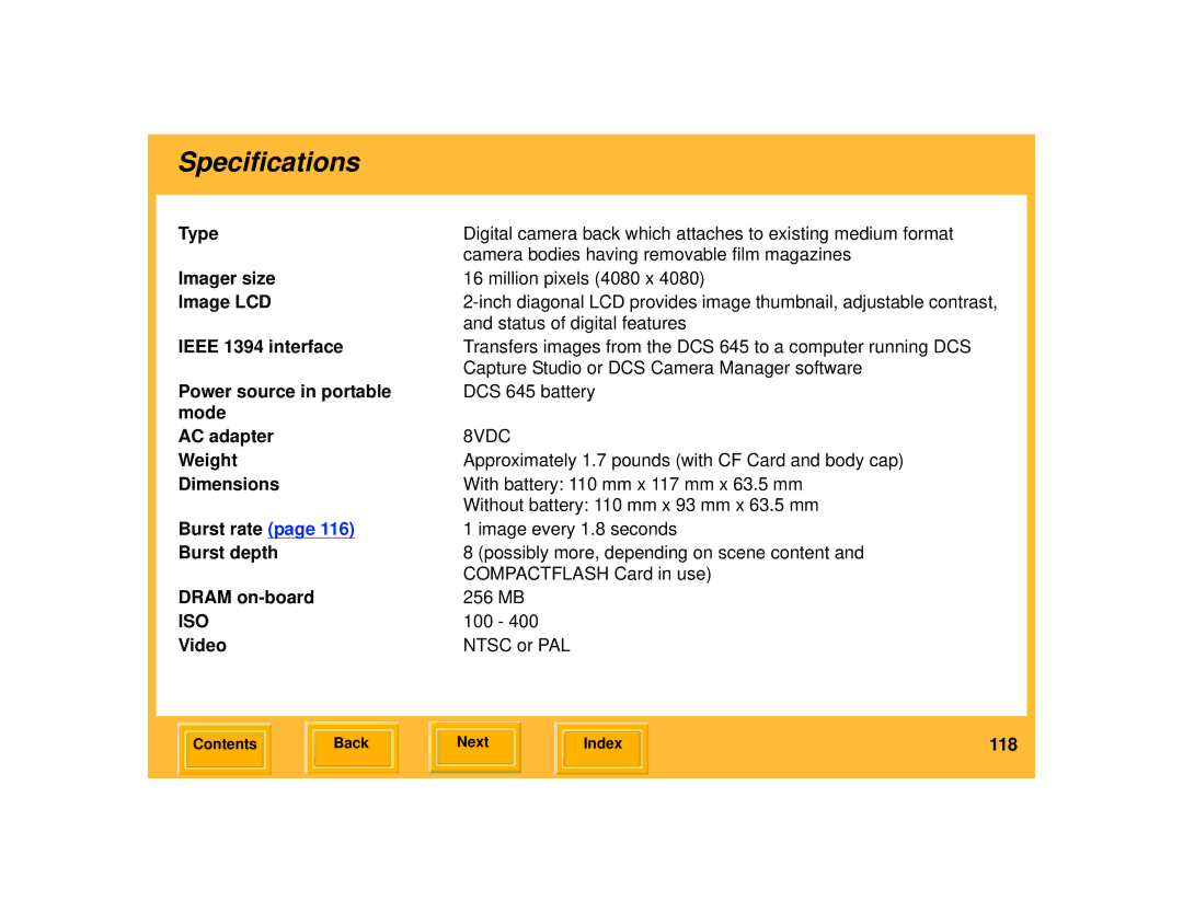 Kodak 645 manual Specifications 