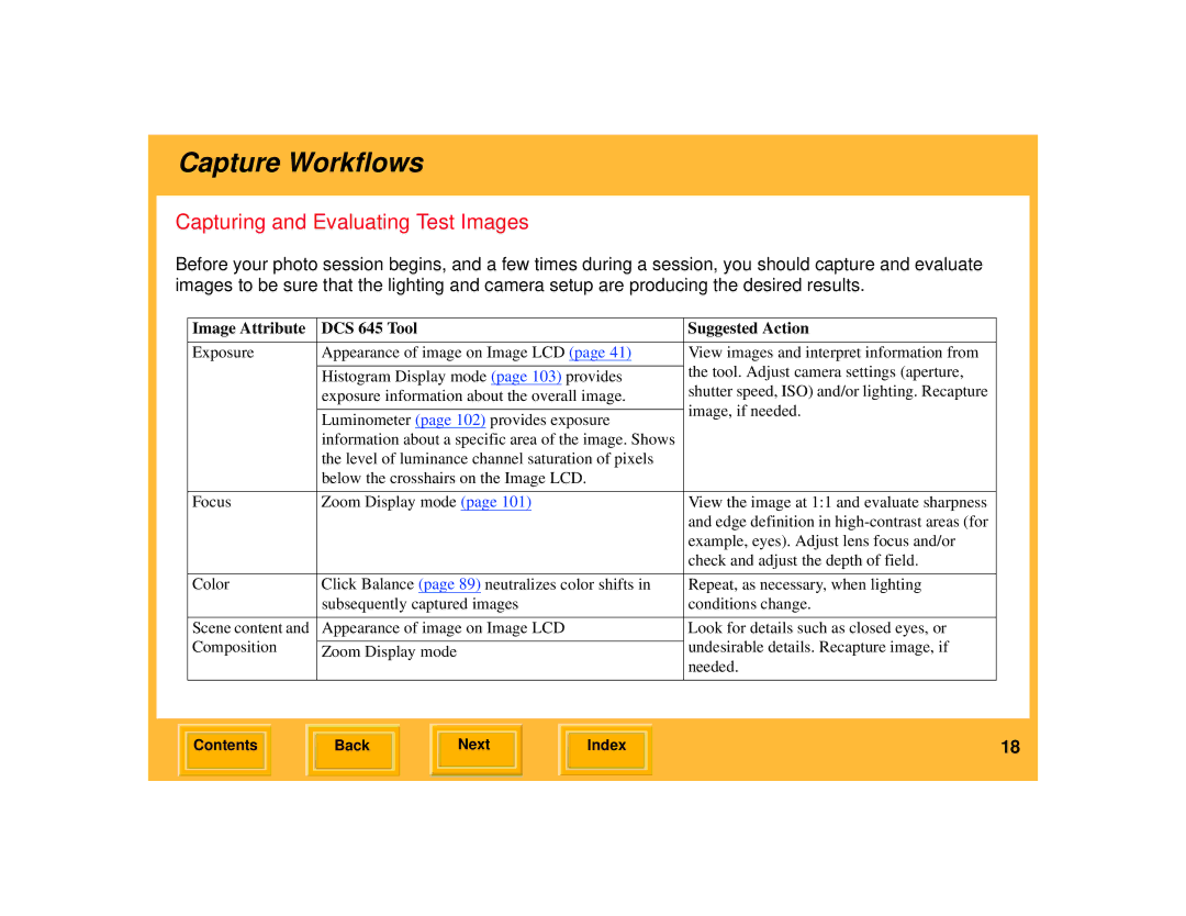 Kodak manual Capturing and Evaluating Test Images, Image Attribute DCS 645 Tool Suggested Action 