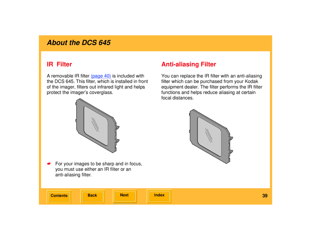 Kodak 645 manual IR Filter, Anti-aliasing Filter 