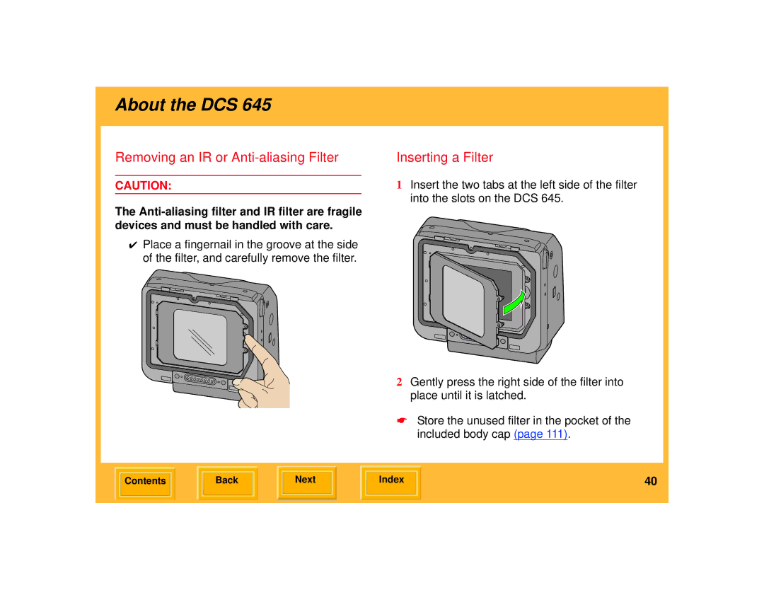 Kodak 645 manual Removing an IR or Anti-aliasing Filter, Inserting a Filter 