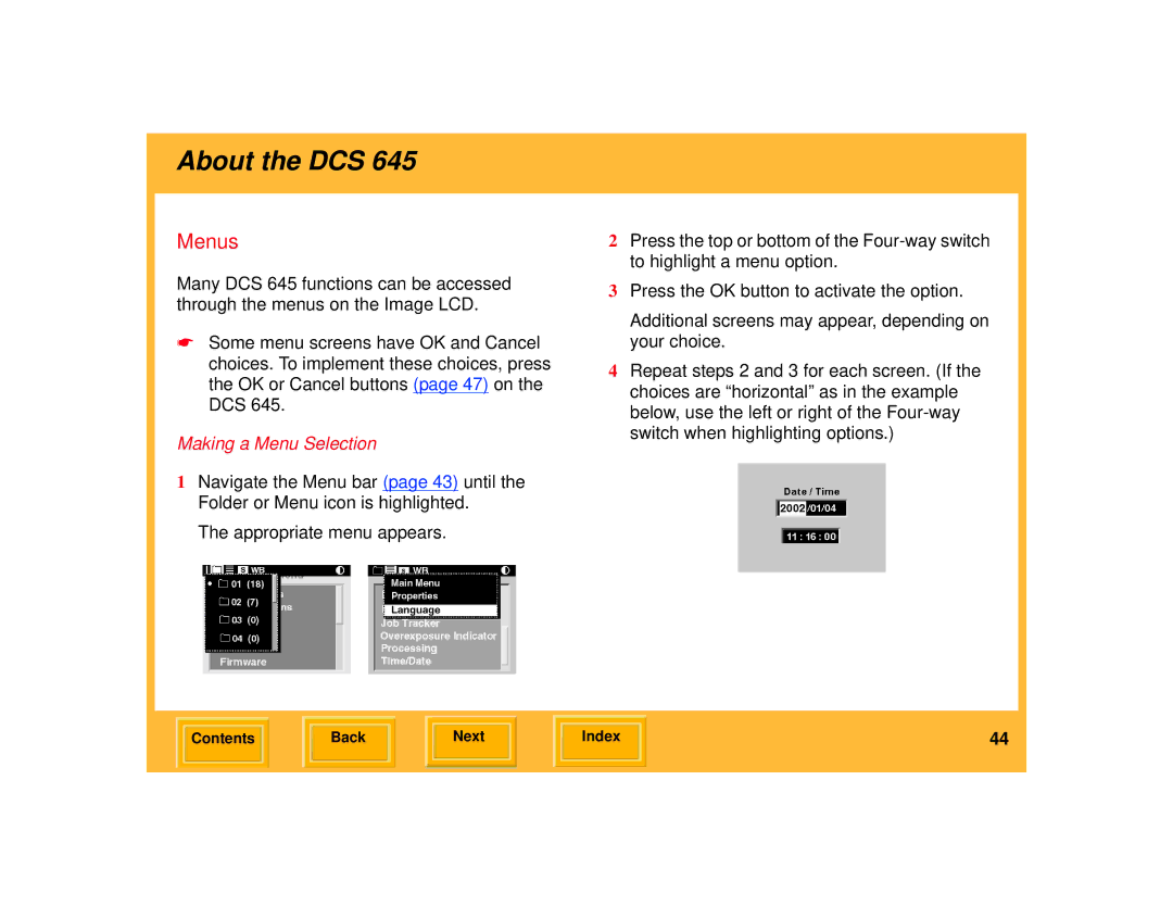 Kodak 645 manual Menus, Making a Menu Selection 