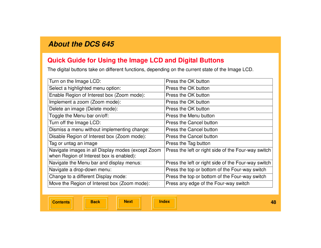 Kodak 645 manual Quick Guide for Using the Image LCD and Digital Buttons 