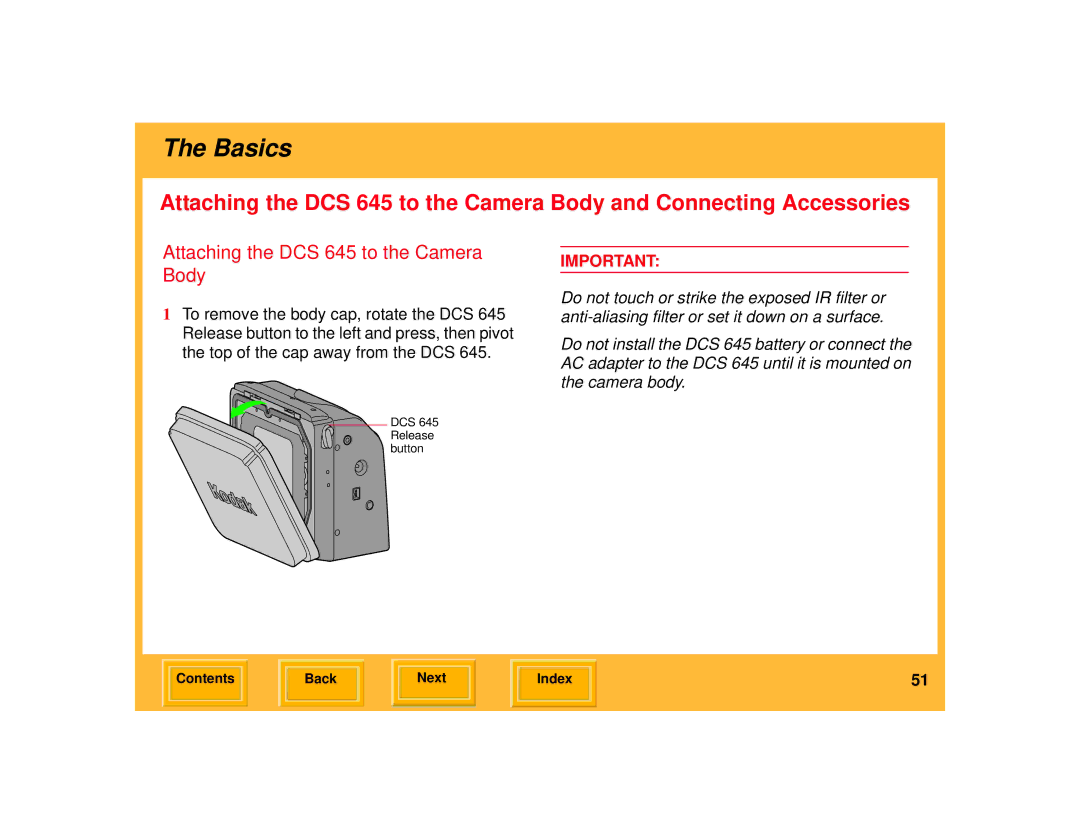 Kodak manual Attaching the DCS 645 to the Camera Body 