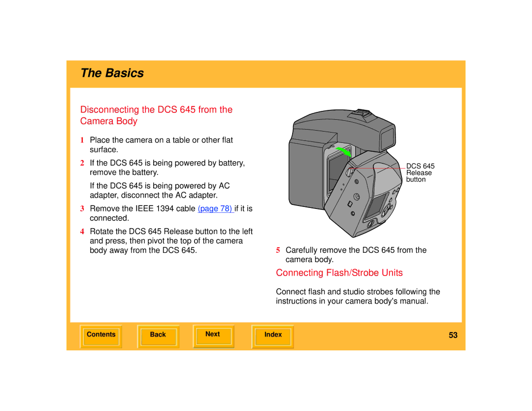 Kodak manual Disconnecting the DCS 645 from the Camera Body, Connecting Flash/Strobe Units 