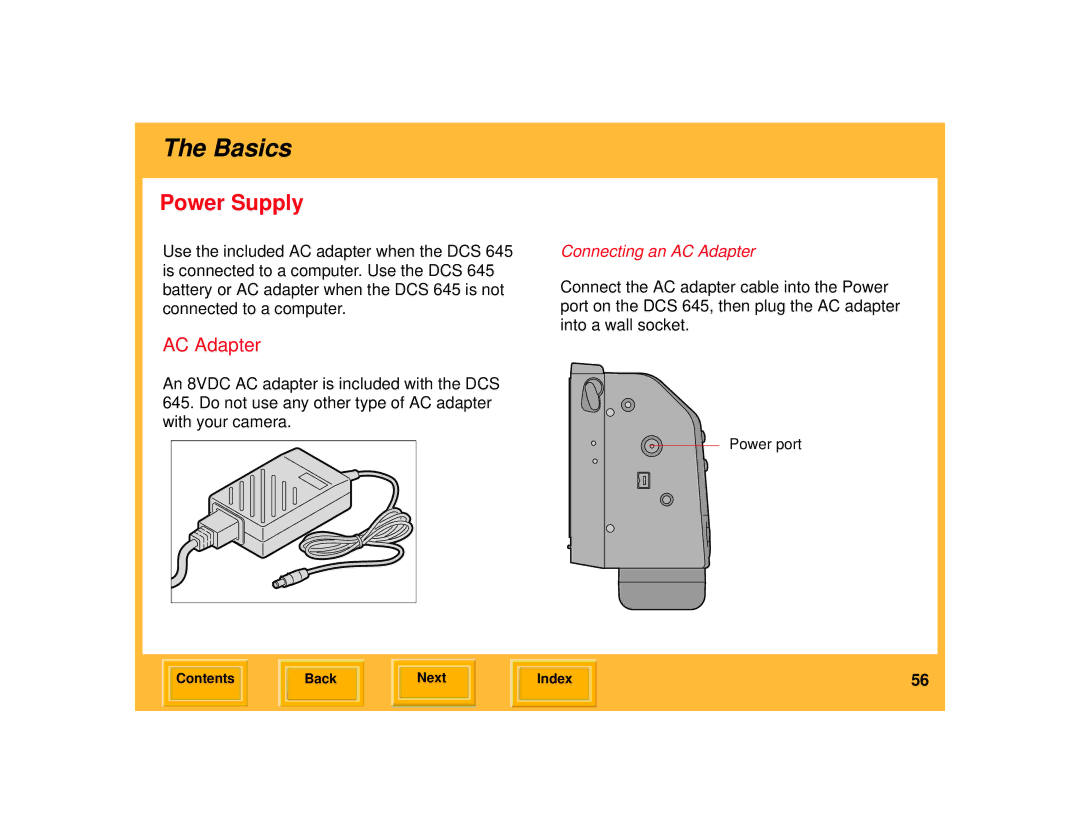 Kodak 645 manual Power Supply, Connecting an AC Adapter 