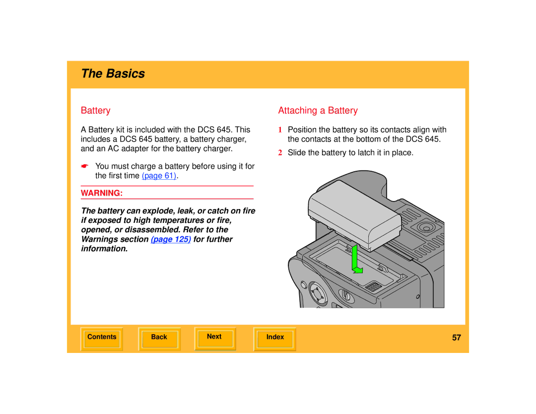 Kodak 645 manual Attaching a Battery 