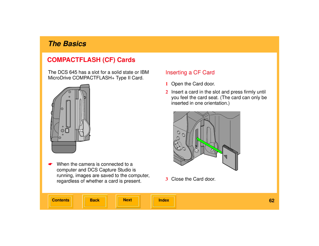 Kodak 645 manual Compactflash CF Cards, Inserting a CF Card 