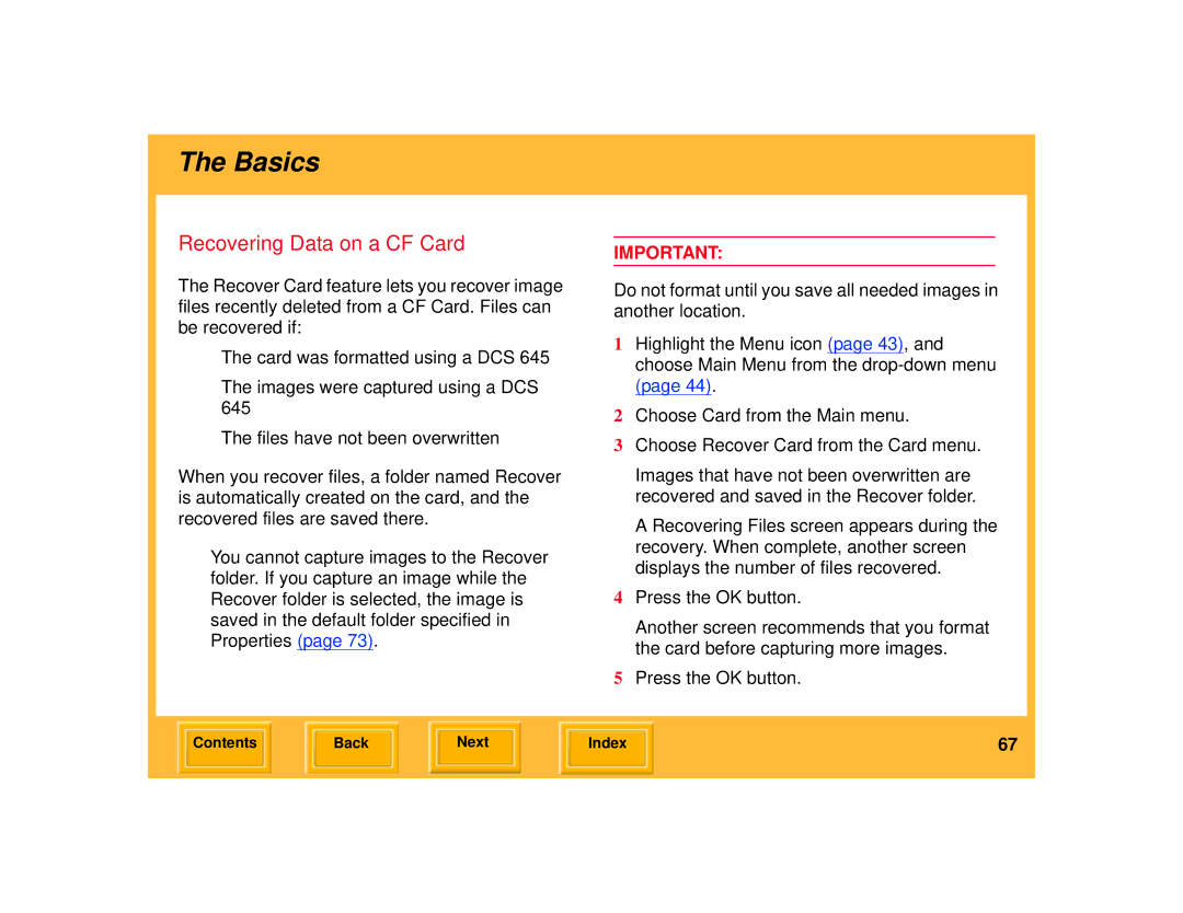 Kodak 645 manual Recovering Data on a CF Card 