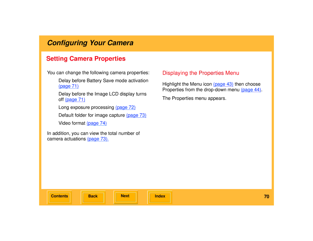 Kodak 645 manual Setting Camera Properties, Displaying the Properties Menu 