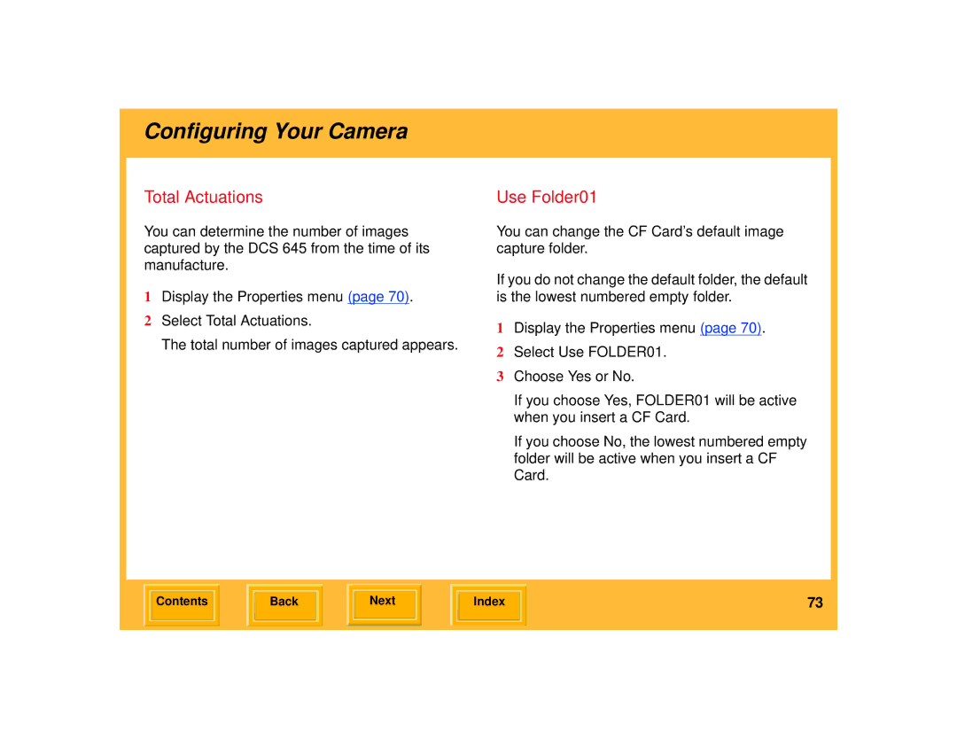 Kodak 645 manual Total Actuations, Use Folder01 