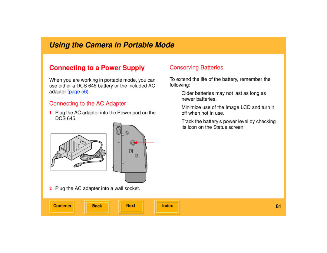 Kodak 645 manual Connecting to a Power Supply, Connecting to the AC Adapter, Conserving Batteries 