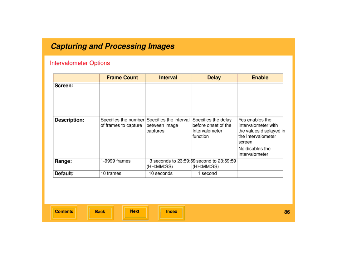 Kodak 645 manual Intervalometer Options, Frame Count Interval Delay Enable Screen Description 