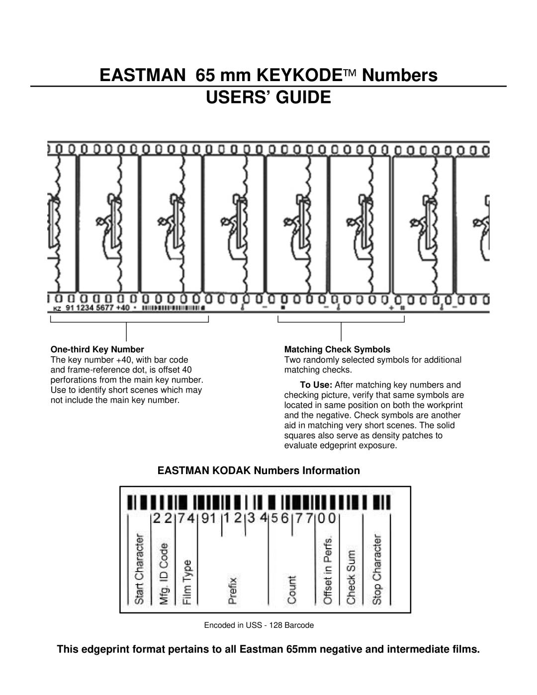 Kodak 65MM manual One-third Key Number, Matching Check Symbols 