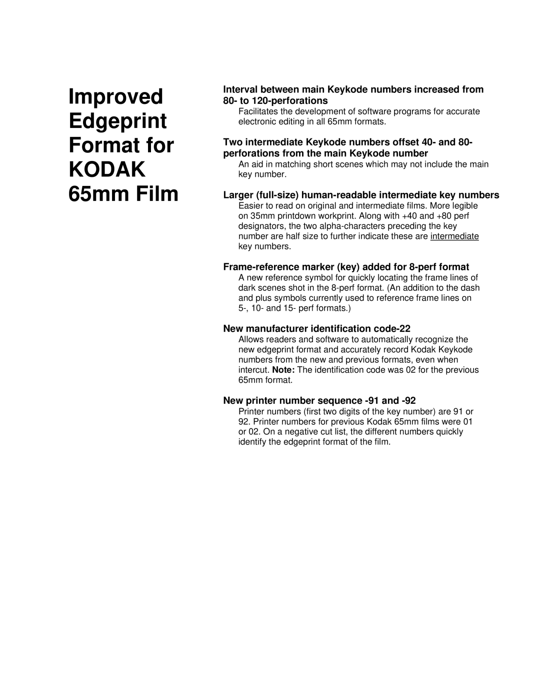 Kodak 65MM manual Improved Edgeprint Format for Kodak 65mm Film 