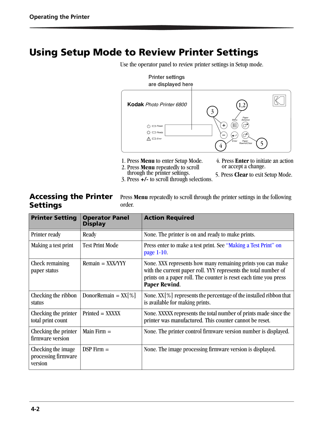 Kodak 6800 manual Using Setup Mode to Review Printer Settings, Accessing the Printer Settings, Paper Rewind 