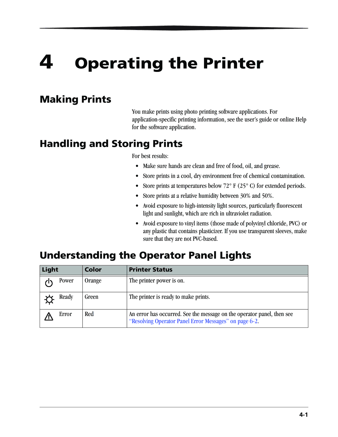 Kodak 6805 Operating the Printer, Making Prints, Handling and Storing Prints, Understanding the Operator Panel Lights 