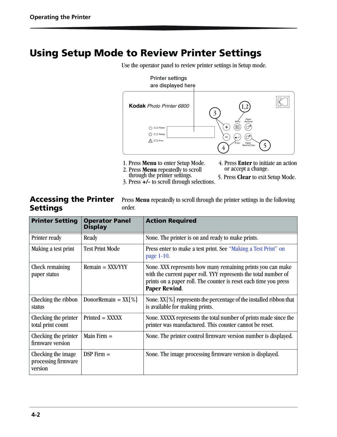 Kodak 6805 manual Using Setup Mode to Review Printer Settings, Accessing the Printer Settings, Paper Rewind 