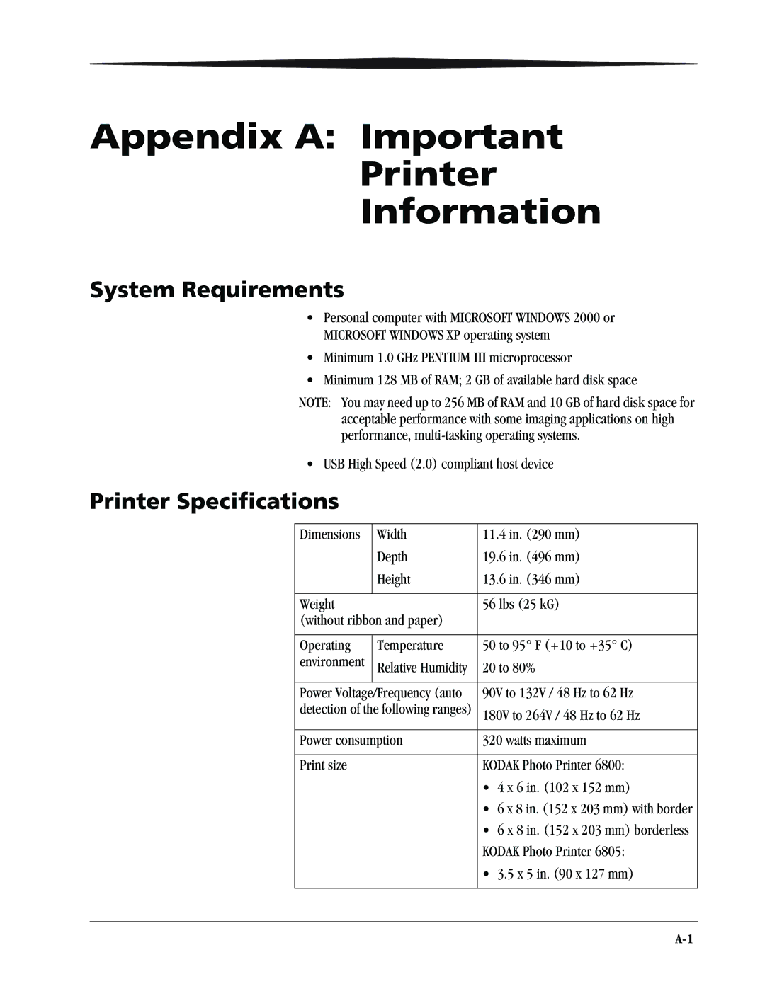 Kodak 6805 manual Appendix a Important Printer Information, System Requirements, Printer Specifications 