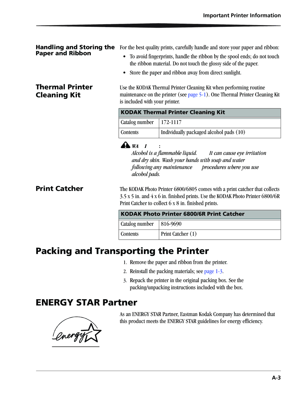 Kodak 6805 manual Packing and Transporting the Printer, Energy Star Partner, Thermal Printer Cleaning Kit Print Catcher 